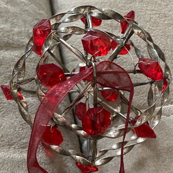 Handmade Twisted Silver Beaded Christmas Ornament w/Red Jewel Beads-3-3/4” Round - Picture 5 of 8